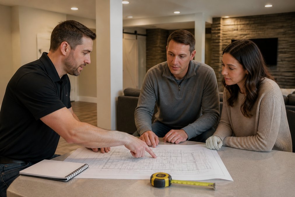 Licensed contractor in professional attire meeting with homeowners in basement space, reviewing detailed project blueprints and specifications on table with notebook and measuring tools visible