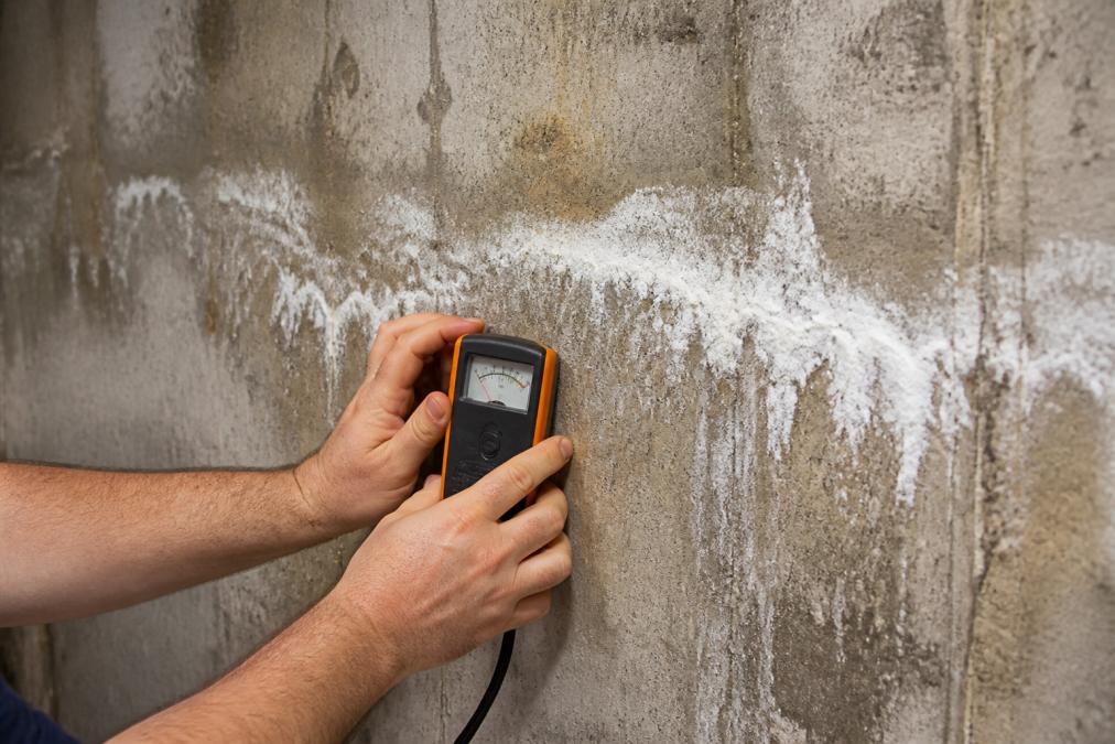 Person's hands holding a moisture meter pressed against a concrete basement wall, with visible white efflorescence staining and water marks visible in the background