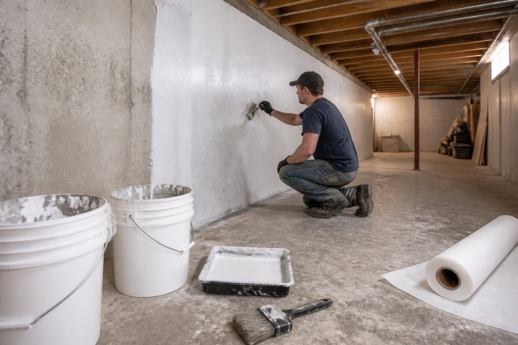 Professional contractor installing a white waterproofing membrane on concrete basement walls, with buckets of waterproofing materials, brushes, and tools arranged on the floor
