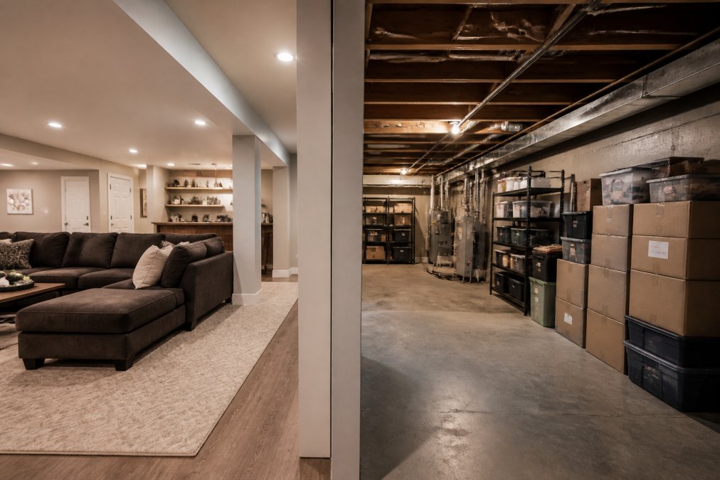Split-view infographic comparing finished basement vs unfinished storage space value through home features.