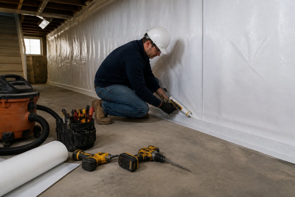 Licensed contractor in safety gear installing white waterproofing membrane and sealant along basement foundation wall with power tools and professional equipment
