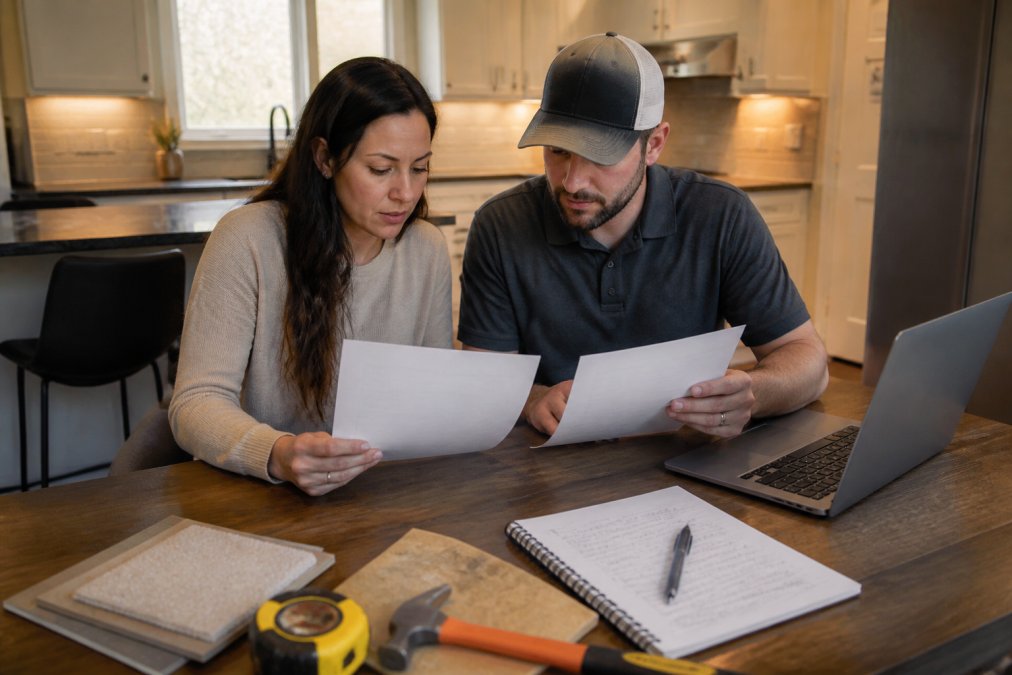 A homeowner and a licensed basement contractor reviewing printed quote documents side by side at a kitchen table, with a laptop open showing a spreadsheet and a notepad with handwritten questions nearby