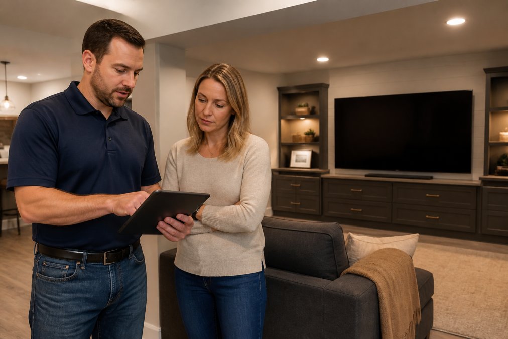 A contractor in a branded polo shirt reviewing renovation plans on a tablet with a homeowner in a finished basement living area with a large TV and warm lighting