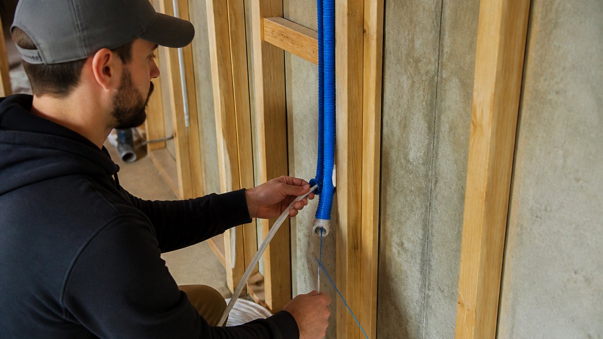 A contractor feeding low-voltage cable through a blue ENT conduit stub-out in an open basement wall before drywall goes up, with a stud bay and pull string visible