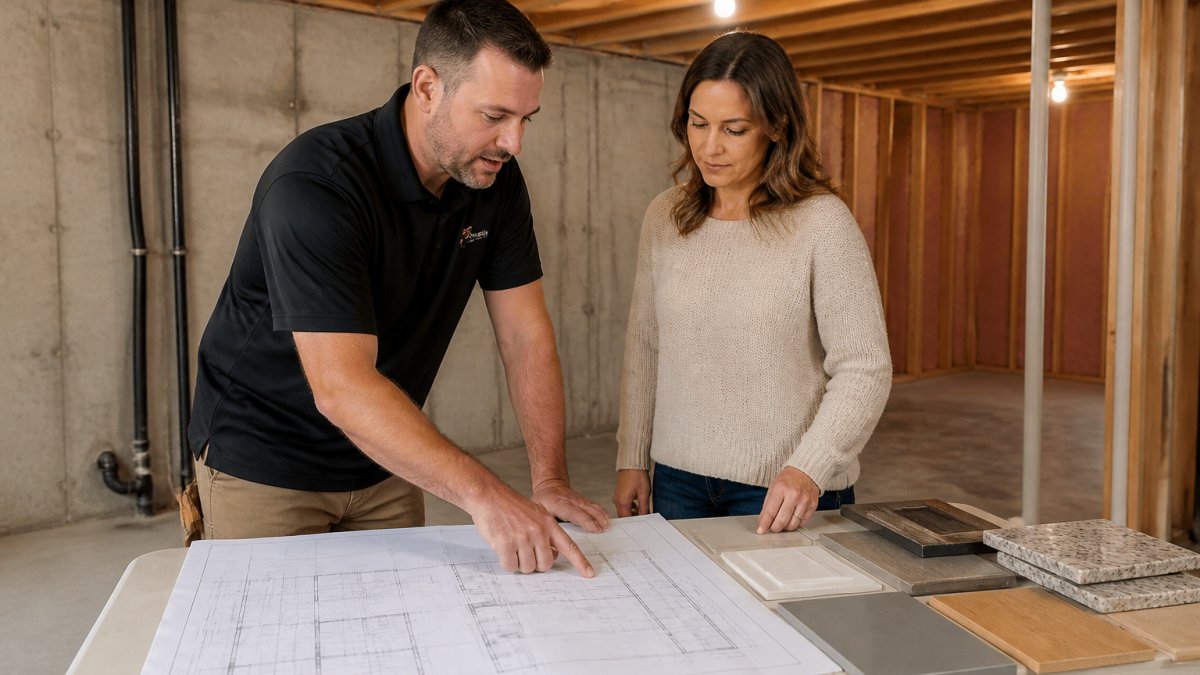 A homeowner and a basement design contractor reviewing blueprints and material samples at a table in an unfinished basement with exposed ceiling joists and concrete walls