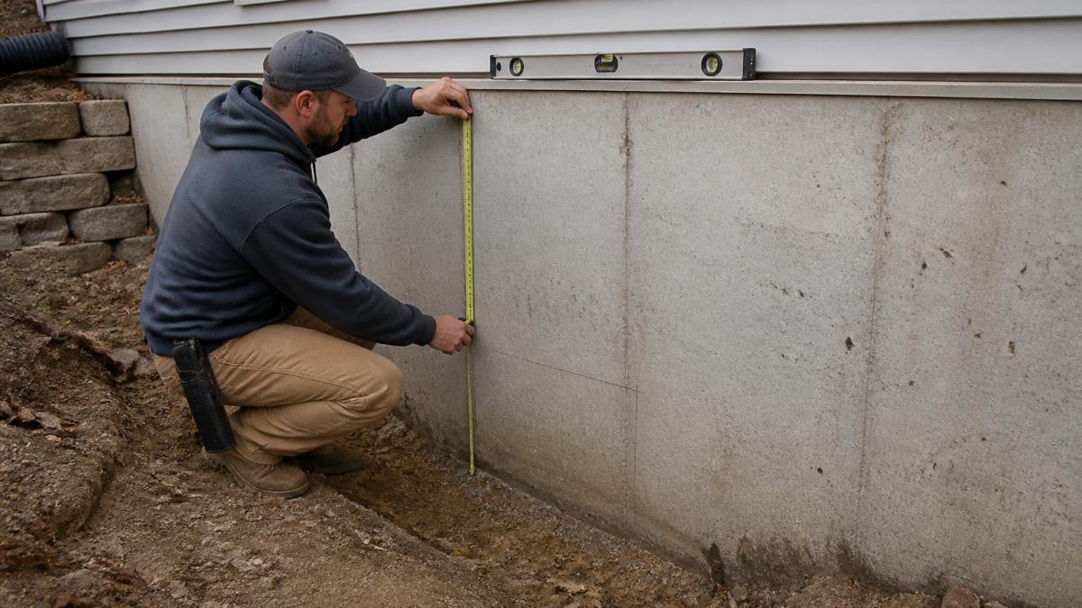 Professional contractor measuring basement wall dimensions with tape measure and level, marking locations for egress window installation