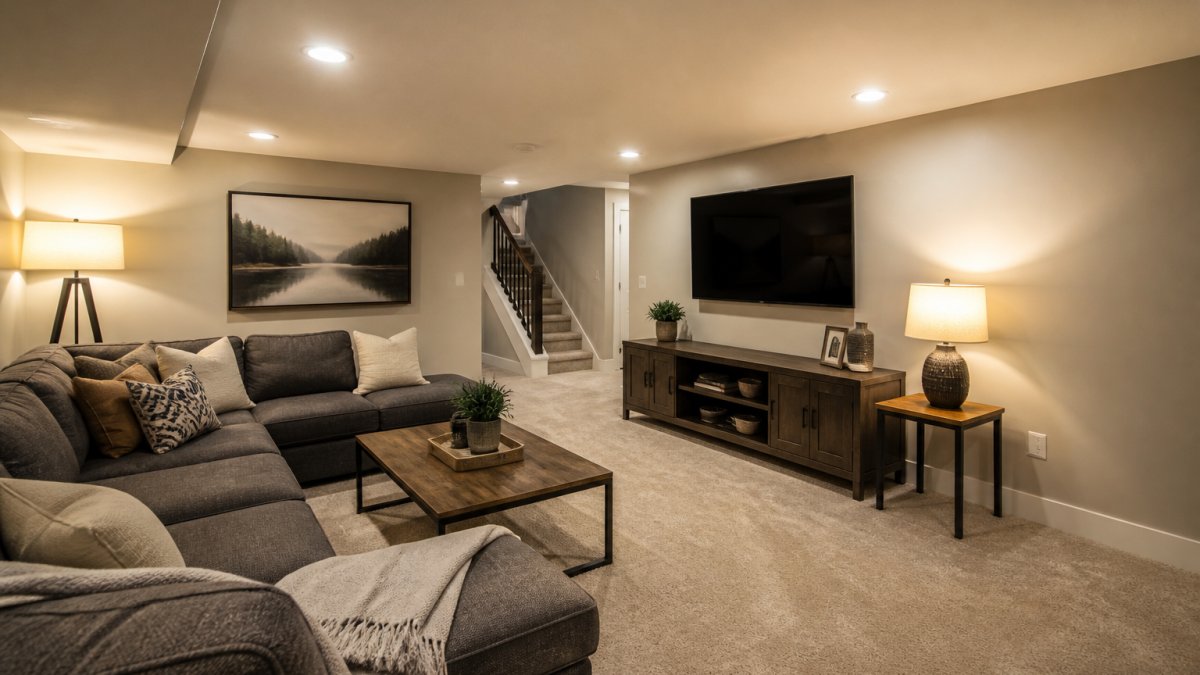 Professional basement with recessed ceiling lights creating ambient brightness, a floor lamp in corner providing task lighting, and table lamp on side table showing layered lighting in action