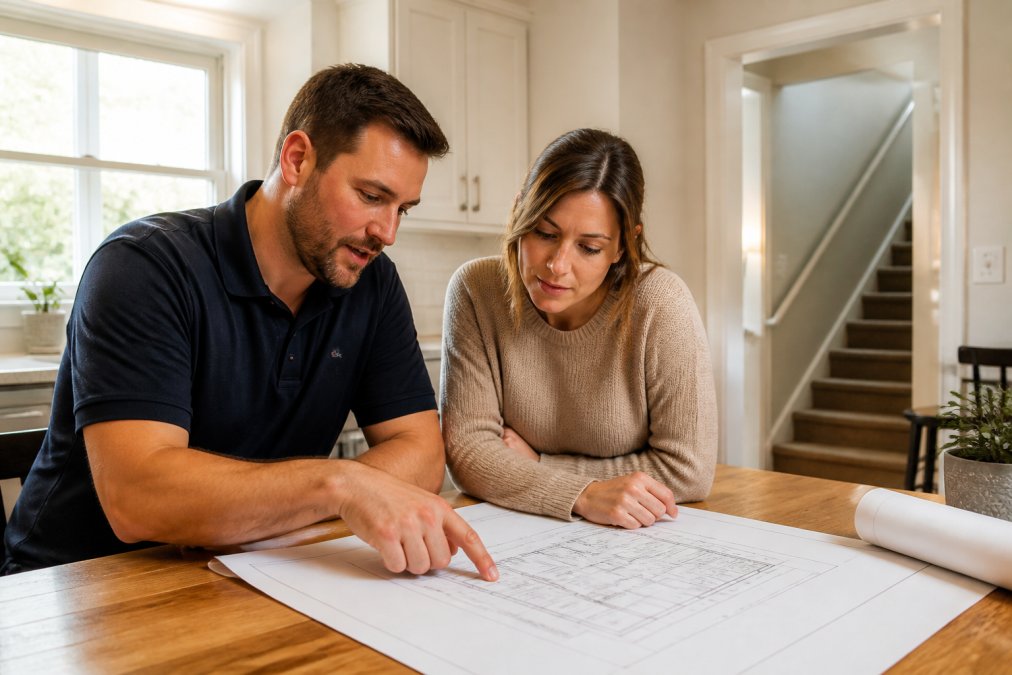 A contractor and homeowner reviewing blueprints together at a kitchen table, with natural light coming through a window and a doorway in the background leading to a staircase