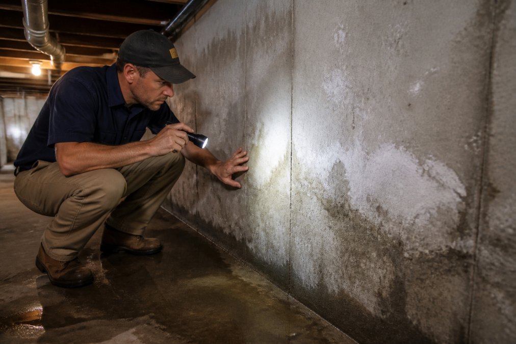 A contractor in work gear inspecting a basement foundation wall with a flashlight, crouching close to the concrete to examine signs of efflorescence and moisture staining under dim utility lighting