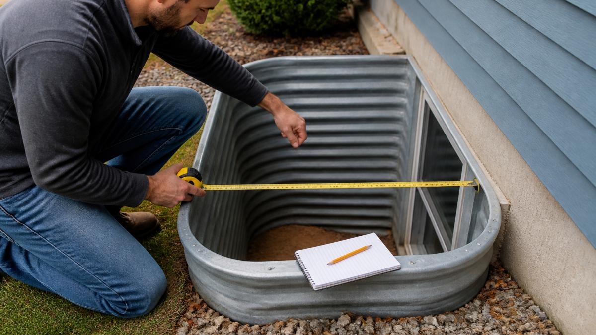 A homeowner kneeling beside a rectangular basement window well, holding a tape measure across the well opening to check width, with a notepad and pencil resting on the rim
