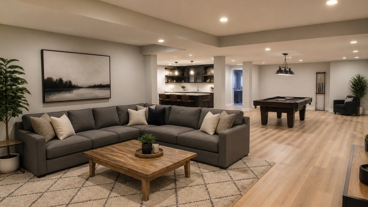 A finished open concept basement with a sectional sofa defining a lounge zone, a pool table in the distance, and recessed lighting highlighting the transition between areas without any dividing walls