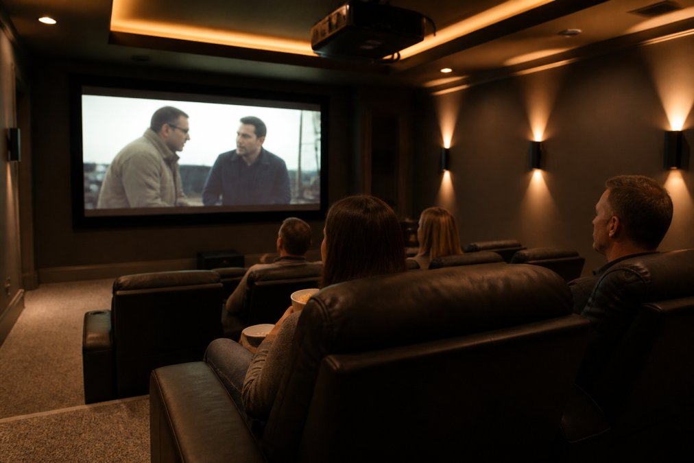 Adults watching a movie in a home theater setup, showing how to design a basement for entertaining with reclining seats.