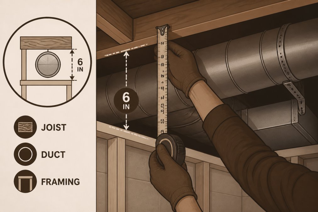 Close-up of a contractor's hands measuring clearance between basement joists and exposed HVAC ductwork with a tape measure, showing how much space is needed before framing begins