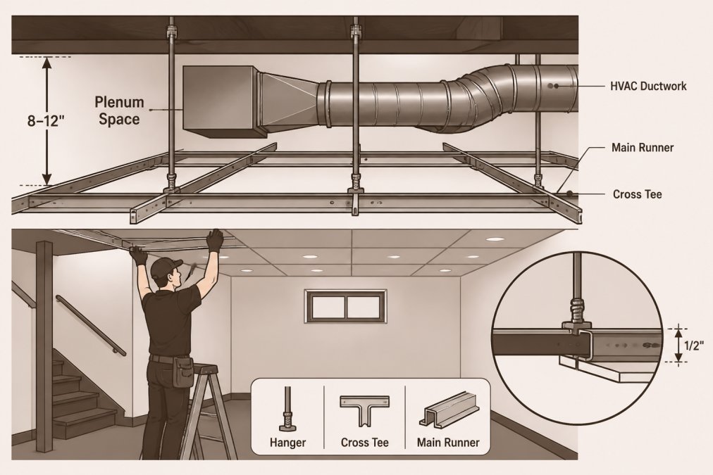 Worker installing metal grid suspension system for drop ceiling in basement with exposed HVAC ductwork visible above, showing how ducts fit in the plenum space above the grid