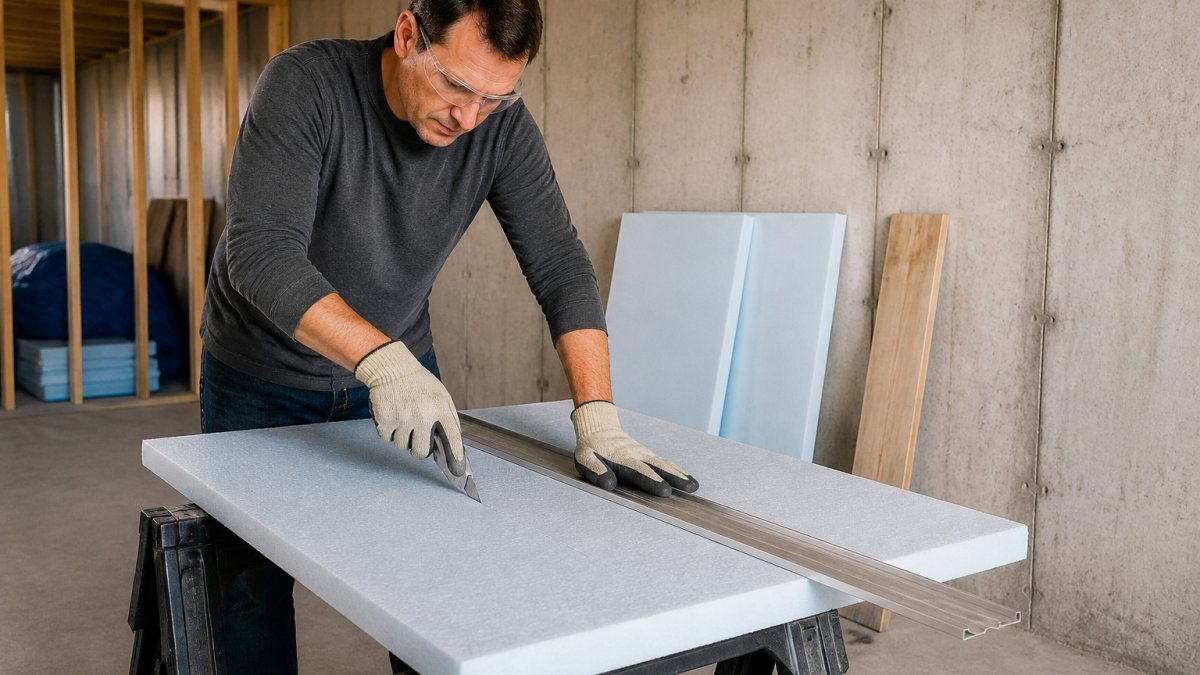 Homeowner cutting rigid foam board on a sawhorse for basement insulation projects