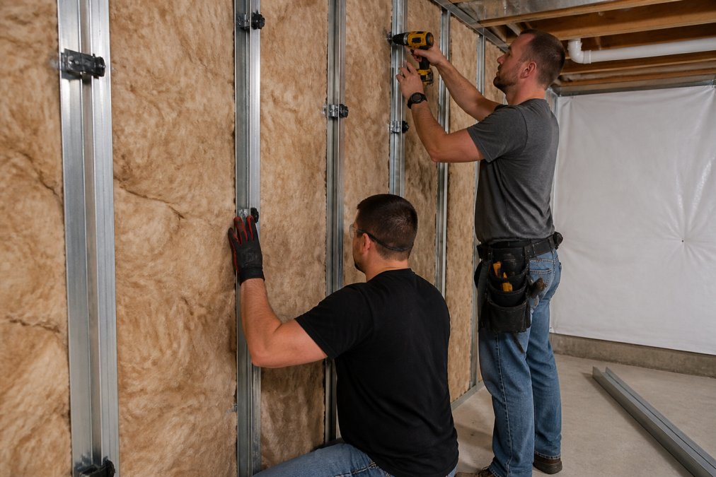 Homeowner and contractor installing resilient channels to soundproof basement wall frames