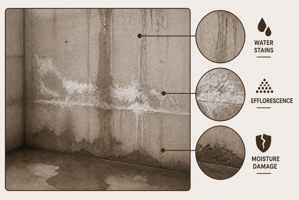 Close-up of basement concrete wall showing visible water stains, efflorescence white deposits, and moisture damage on foundation surface with water droplets