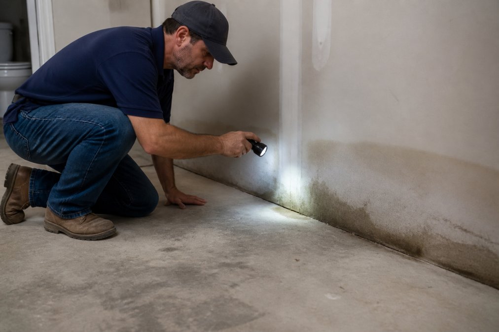 Contractor inspecting a basement bathroom wall for moisture damage and efflorescence with a flashlight