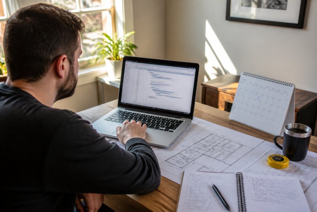 Homeowner reviewing basement renovation timeline and project schedule on a laptop at a desk with construction blueprints, notes, and a calendar nearby in natural morning light