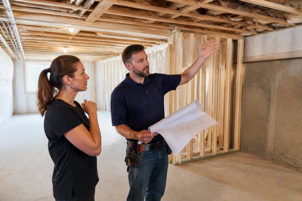 A homeowner in a bright, unfinished basement talking with a contractor who is pointing at exposed ceiling joists and wall framing, blueprints in hand