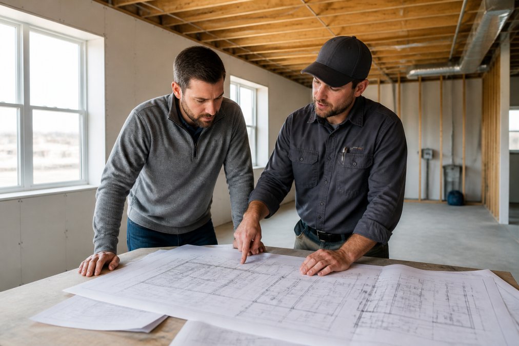 Professional homeowner meeting with licensed basement contractor reviewing renovation plans and blueprints in existing basement space with natural lighting