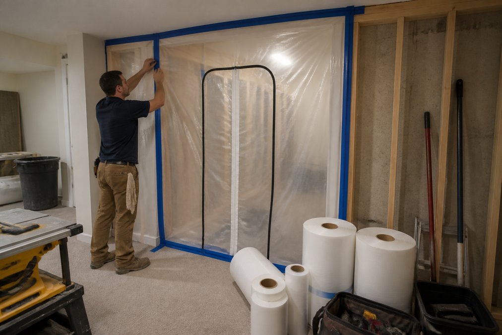 A contractor carefully taping heavy plastic sheeting over a doorway to create a dust containment barrier, with a zippered construction entry panel visible and rolls of poly sheeting on the floor nearby
