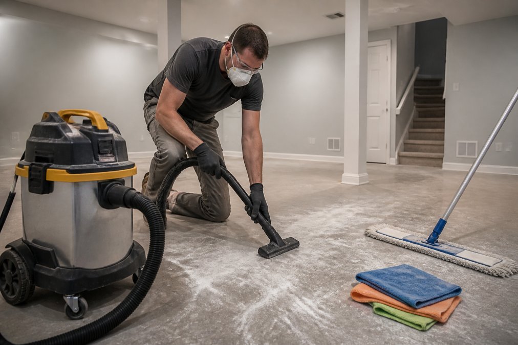 A homeowner in protective gear using a HEPA shop vacuum to clean fine white construction dust from a basement floor, with microfiber cloths and a damp mop visible nearby in a freshly renovated room