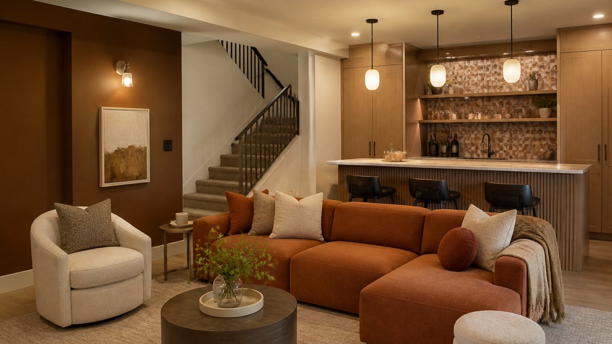 Modern finished basement interior showcasing warm earth-tone accent wall in mushroom and terracotta, soft oak cabinetry with natural wood grain, textured wallpaper with subtle geometric pattern, layered lighting from pendant fixtures and wall sconces, and comfortable seating area with warm-colored upholstery