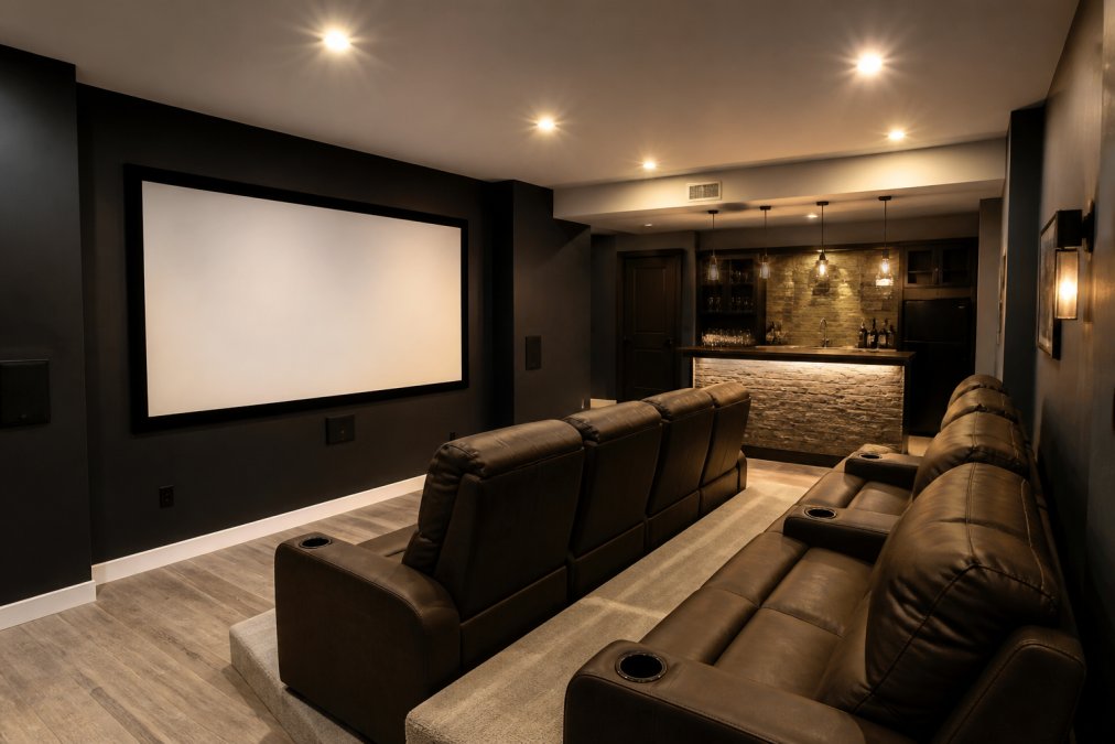 A finished modern basement home theater with recessed lighting, a large wall-mounted screen, dark accent walls, plush leather seating rows, and a small illuminated bar area visible in the background