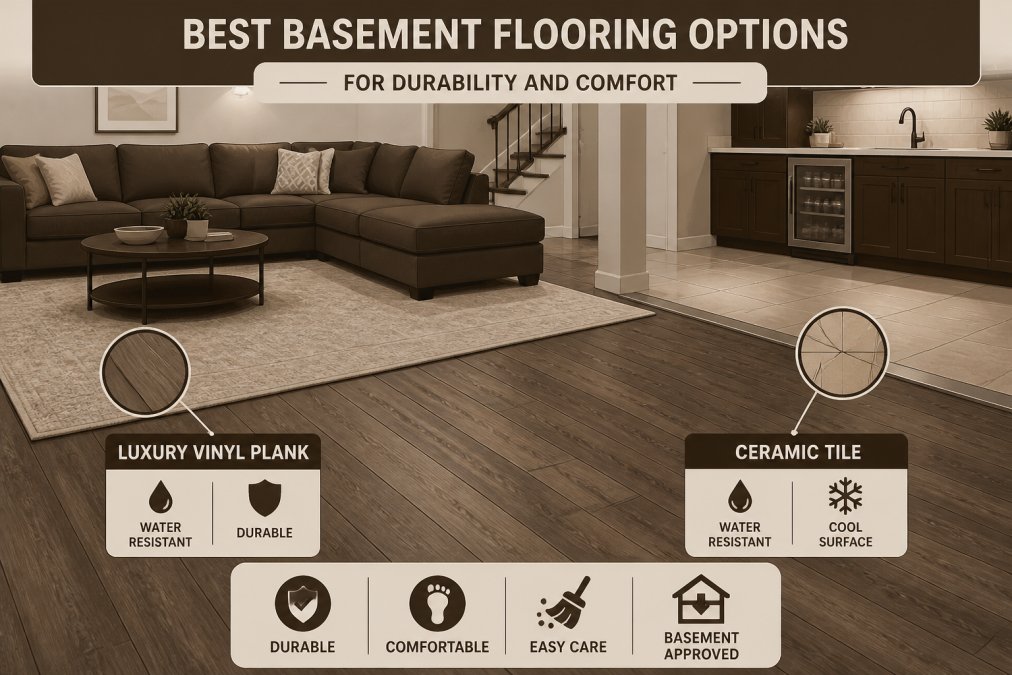Close-up of a finished basement floor showing luxury vinyl plank flooring with a large area rug under a sectional sofa, with ceramic tile visible near a kitchenette counter in the background