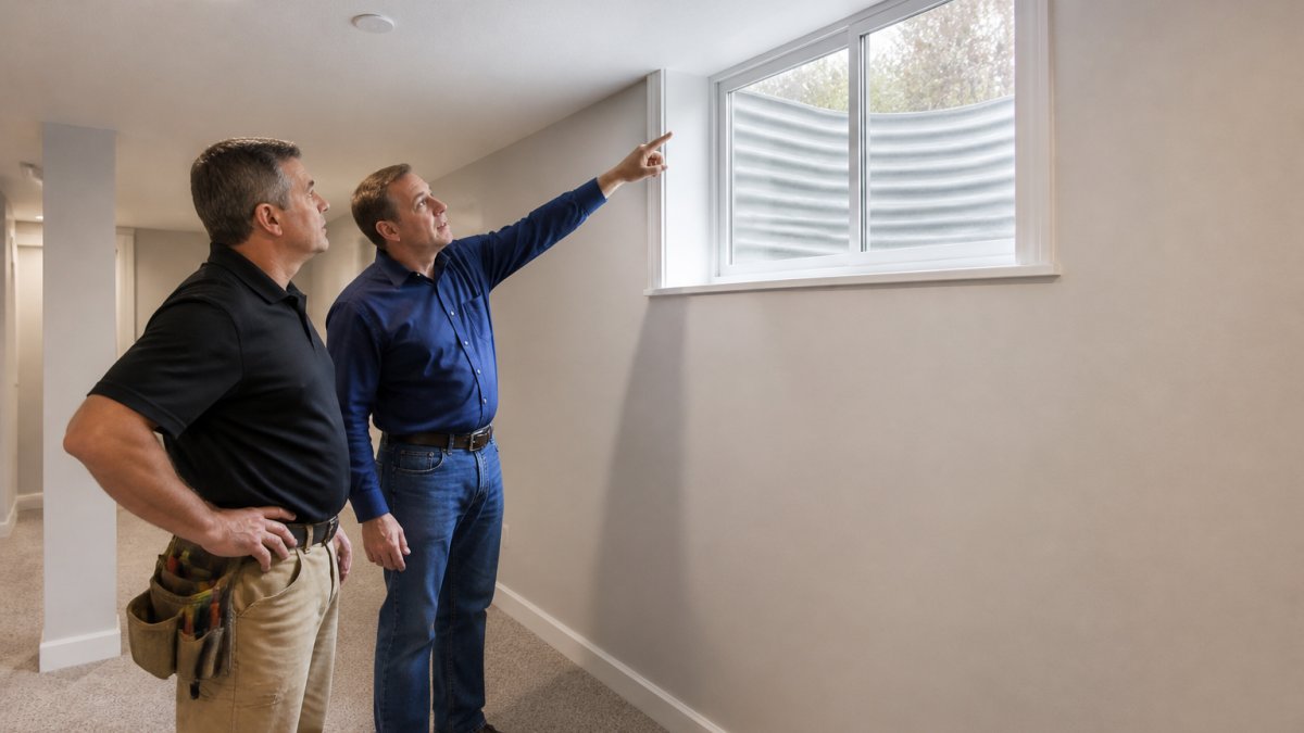 A homeowner and a contractor standing in a finished basement, pointing up at a large egress window set into the wall, with daylight streaming in