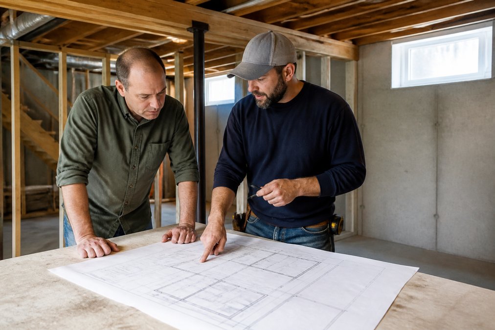 Homeowner and contractor reviewing renovation blueprints and discussing basement layout plans at a work table in an unfinished basement space with natural light from small windows