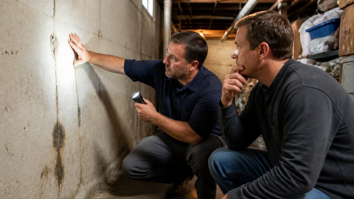 Professional basement contractor inspecting foundation cracks for a homeowner to highlight why basement contractor vs DIY is
