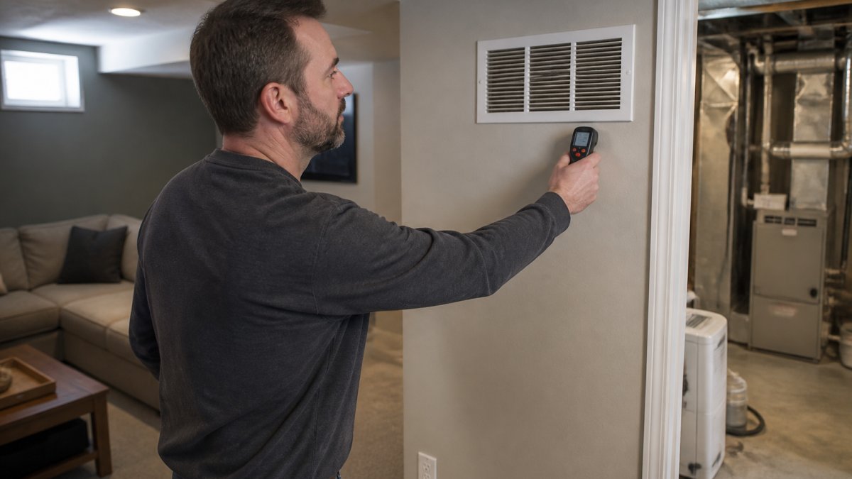 Infographic comparing temperature readings in finished and utility basement areas as signs your basement needs a separate