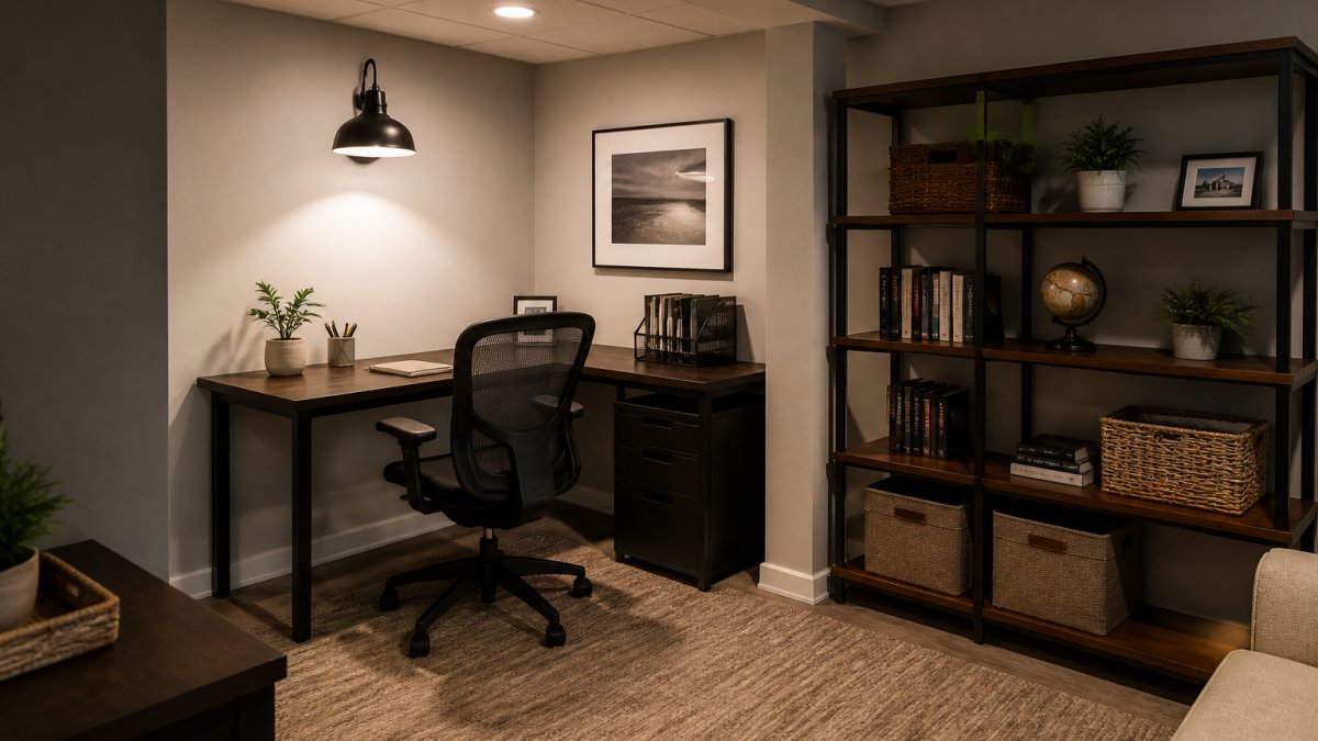 Professional working at ergonomic desk positioned in basement corner with task lighting overhead, organized shelving along adjacent wall, and neutral color scheme