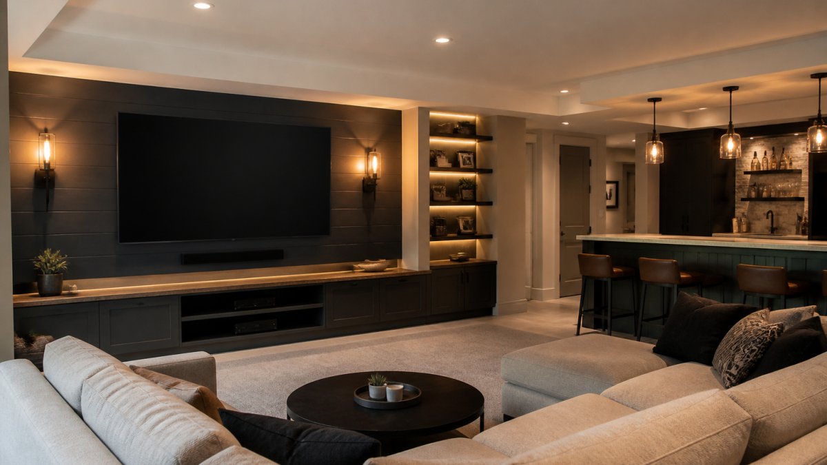 Modern basement featuring layered lighting trends with recessed ceiling lights, wall sconces, and LED shelving.