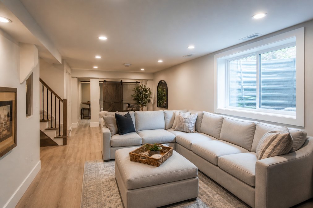 A finished basement living area with recessed LED lighting in the ceiling, a light-colored sectional sofa, and a large egress window letting in natural light, showing a bright and inviting space
