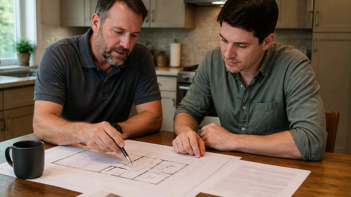 Professional contractor and homeowner reviewing basement renovation blueprints and contract documents together at a kitchen table with pen and coffee mug, natural window lighting
