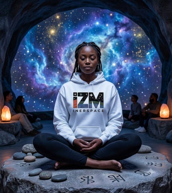 Model wearing a white iZM hoodie illuminated by a Galaxy Projector Lamp.