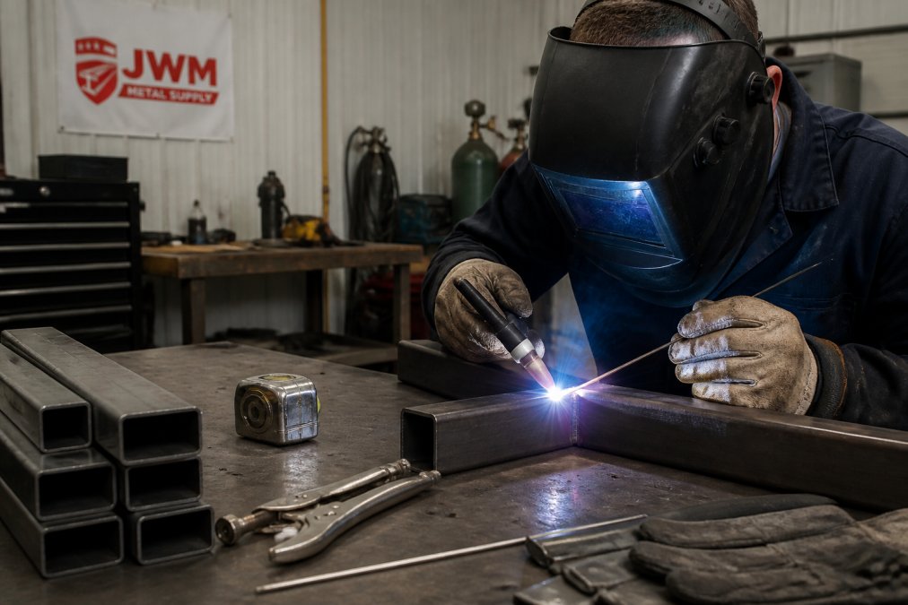 Welder using a TIG torch to create a precise weld puddle on a thin-wall rectangular steel tube joint
