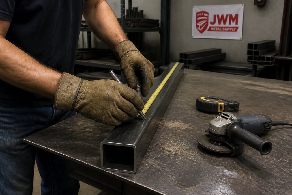Fabricator marking a measurement on a rectangular steel tube at a workshop workbench with tools nearby.