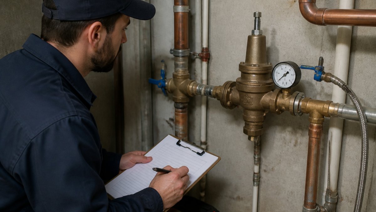 A maintenance technician in a utility closet inspecting a bronze water pressure reducing valve with a pressure gauge attached, holding a clipboard with a checklist, pipes and shutoff valves visible in the background