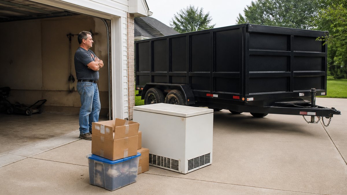 A homeowner standing in a cleared-out garage next to a 12-yard dump trailer parked on a concrete driveway, with a few remaining boxes and an old appliance nearby, daylight, realistic scene