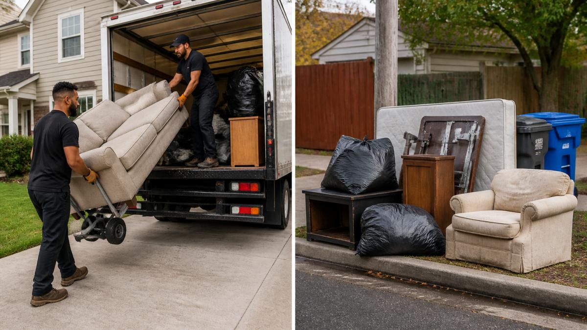 Professional junk removal crew loading furniture and household items into a truck parked in a residential driveway, with workers using proper lifting technique and dolly equipment