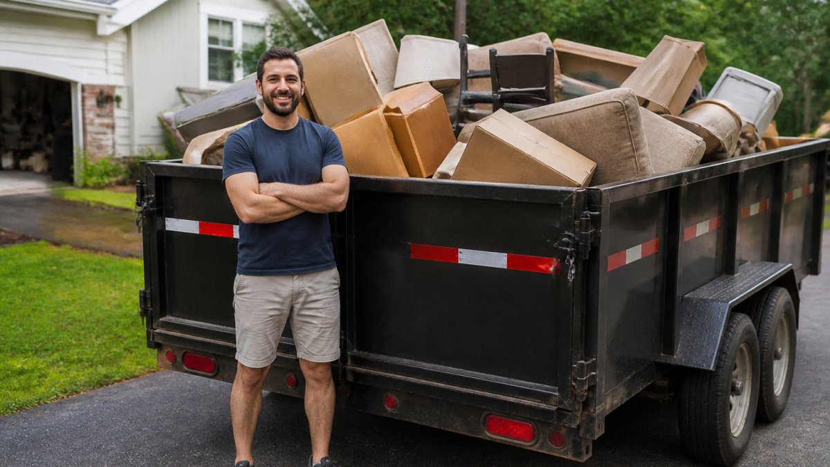 Homeowner standing by a loaded 12-yard dump trailer to help with your junk removal comparison project.