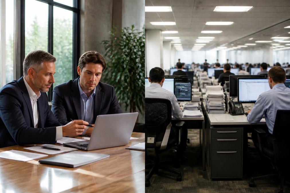 A small business owner reviewing financial documents with a dedicated tax consultant in a modern office, pointing at a laptop screen showing tax strategy notes, warm afternoon light through large windows