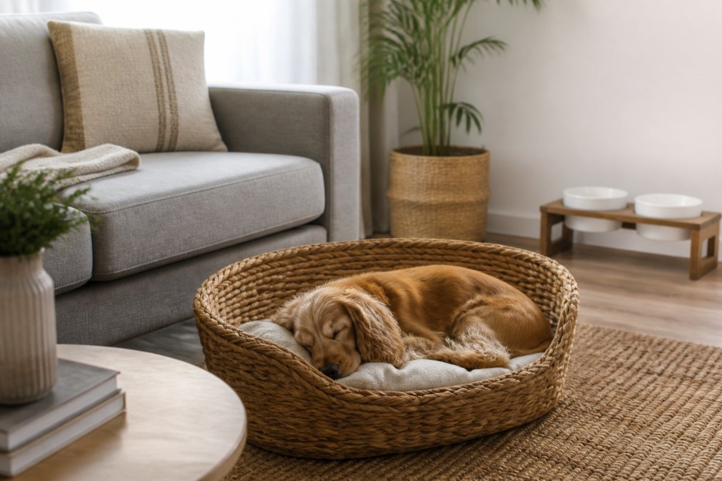 Salón de tonos neutros con un perro dormido en una cama de mimbre trenzado junto a un sofá moderno de lino gris, y un comedero de cerámica sobre soporte de madera al fondo, iluminación natural suave