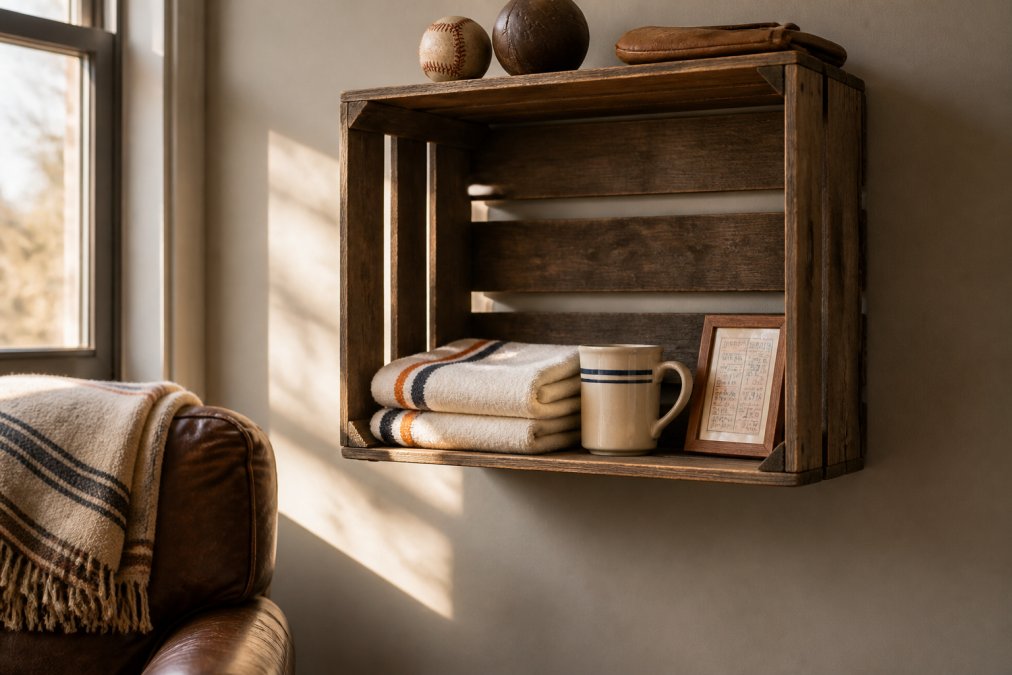 A cozy living room corner with a vintage wooden crate mounted on the wall, holding a folded vintage sports towel, a ceramic mug, and a small framed ticket, with warm afternoon light casting soft shadows