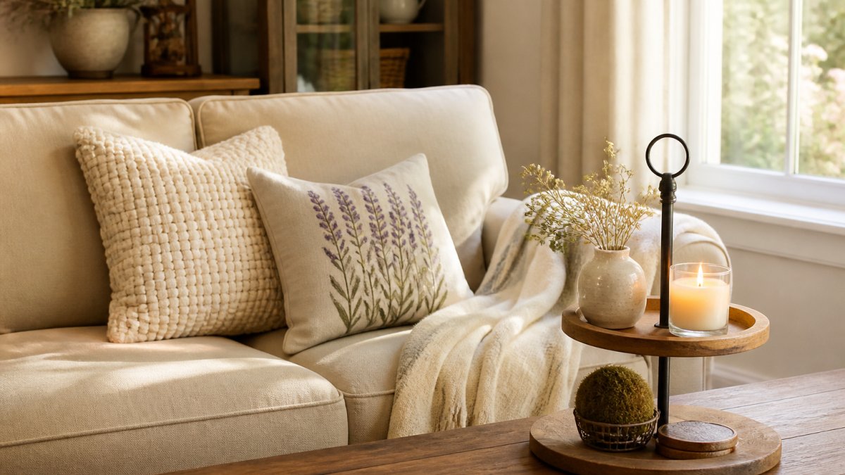Diagram showing step-by-step styling tips for a cozy cottage living room with layered textiles and decor.