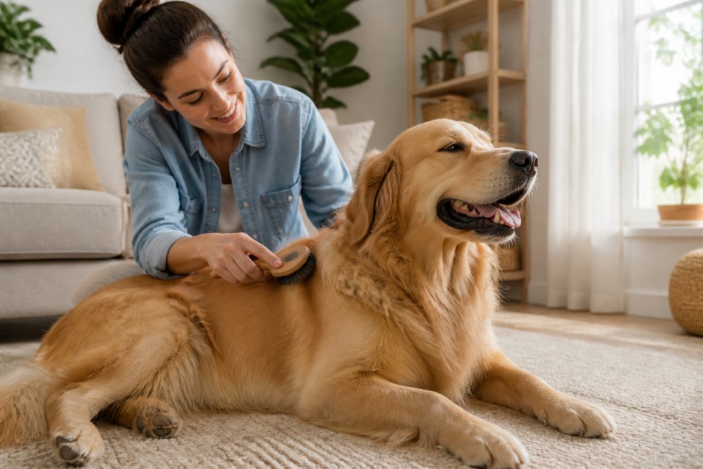 A person gently brushing a calm golden retriever with a soft grooming brush in a bright, sunlit living room, the dog's fur gleaming